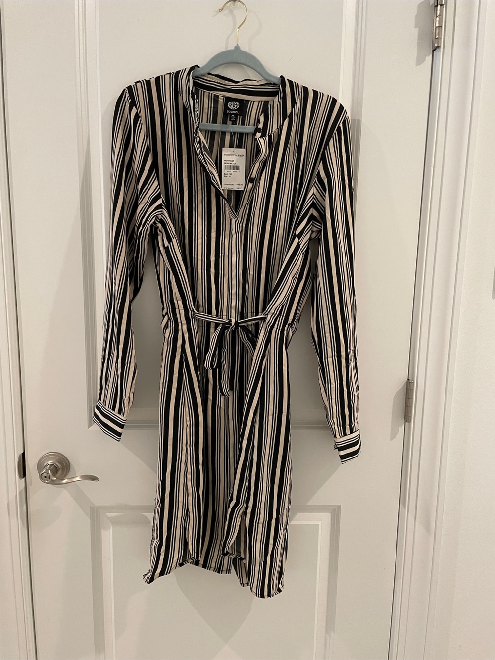 NWT Bobeau  Vertical Stripe Tie-Waist Shirt Dress in Black and Cream